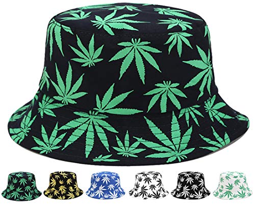 INOGIH Reversible Bucket-Hat Marijuana-Cannabis Weed Foldble Fisherman Hat - color: Black&green Leaf, size: Medium