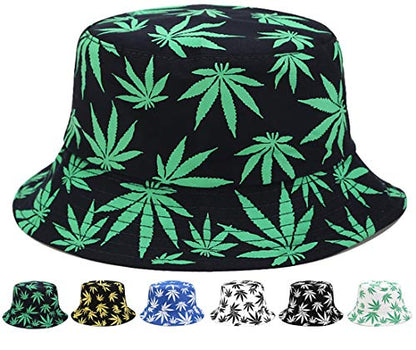 INOGIH Reversible Bucket-Hat Marijuana-Cannabis Weed Foldble Fisherman Hat - color: Black&green Leaf, size: Medium