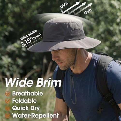 Home Prefer UPF50+ Mens Sun Hat Wide Brim Fishing Hat for Men UV Protection Womens Beach Bucket Hat for Golf Hiking Gardening - color: Dark Grey