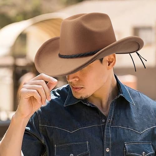 DRESHOW Western Cowboy Hat for Men Women Cowboy Cowgirl Hat Outdoor Wide Brim Retro Felt Fedora Hats Unisex Rolled up Caps - color: 1 Pack Style 8: Khaki