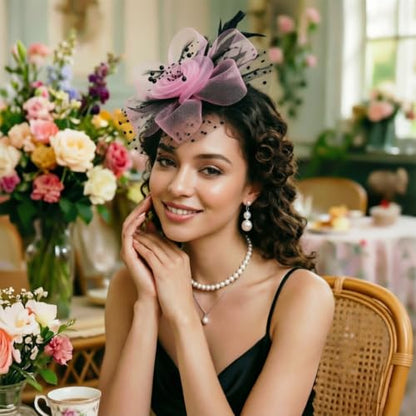 DRESHOW Fascinators Hat Flower Mesh Ribbons Feathers on a Headband and a Clip Tea Party Headwear for Girls and Women - color: 7" Diameter / Black & Pink