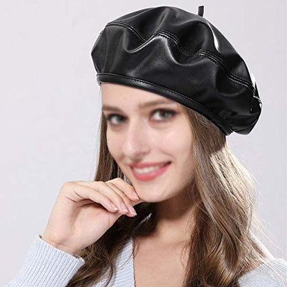 Women Soft PU Leather Beret French Style Artist Painter Hat with Top Stem - color: Black