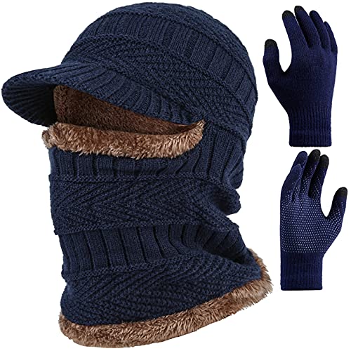 2Pcs Winter Knit Beanie Balaclava Hat Anti-Slip Touch Screen Mittens Set Thermal Ski Mask Cap Unisex for Womens Mens - color: Blue