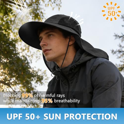 Sun Hat for Men Women with Neck Flap,UPF 50+ UV Protection Fishing Hat - color: 1pack-black
