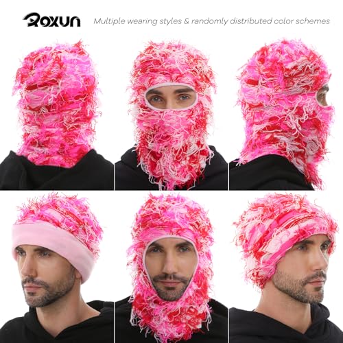 ROXUN Distressed Ski Mask Balaclava, Yeat Shiesty Fluffy Knitted Full Face - color: 01- Pink Mixed