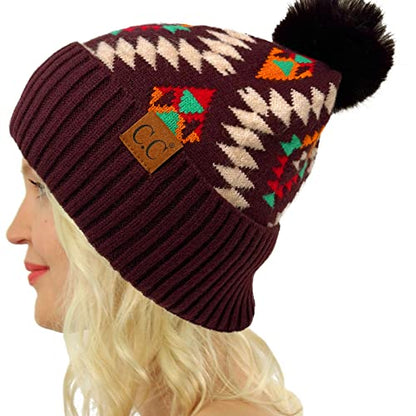 C.C Fur Pom Winter Fall Trendy Chunky Stretchy Cable Knit Beanie Hat - color: Aztec Dk. Berry