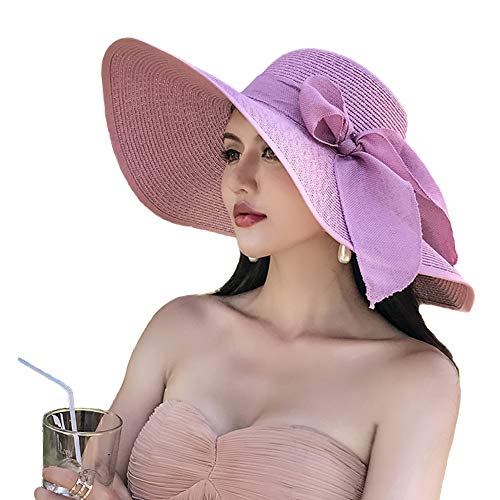 FSIGOM Women's Folable Floppy Hat,Wide Brim Sun Protection Straw Hat, Summer UV Protection Beach Cap - color: C1-f-violet, size: Medium