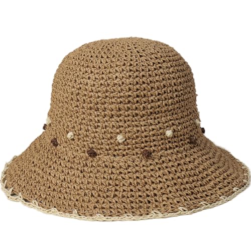Women Straw Sun Hat Summer Beach Hats Foldable Floppy Cap Wide Brim Bucket Hat Solid Handmade Sun Protection Caps - color: Dot-khaki