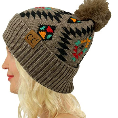 C.C Fur Pom Winter Fall Trendy Chunky Stretchy Cable Knit Beanie Hat - color: Aztec Taupe