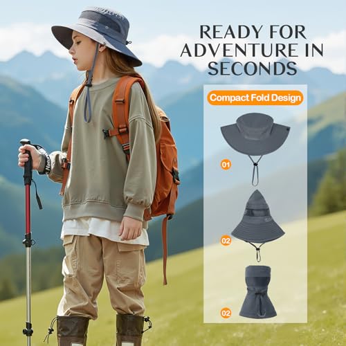 American Trends Quick Dry Boys Sun Hat - Dual Adjustable UV Protection Breathable Kids Safari Bucket Cap for Beach Pool - color: Black