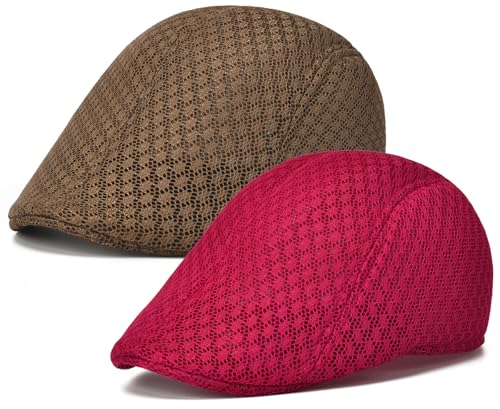 2 Pack Teenagers' Mesh Cap Breathable Summer Newsboy Hat Adjustable Beret Ivy Cap Irish Riding Hiking Hats - color: Coffee/Red