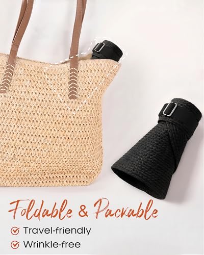 FURTALK Sun Visors for Women Straw Summer Hat Packable Wide Brim Beach Cap - color: Black