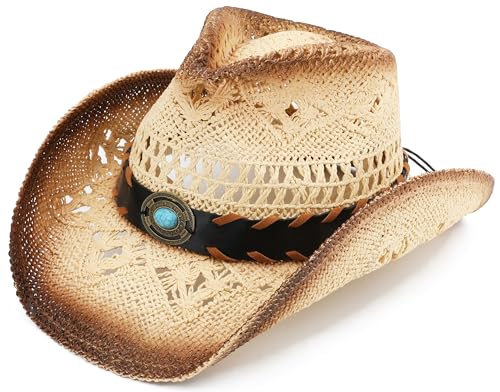 Pro Celia Men Women Cowgirl Straw Western Cowboy Hat - color: Blue Stone-beige