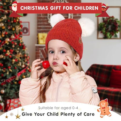 FZ FANTASTIC ZONE Toddler Kids Winter Hat Beanie Pompom Warm Fleece Baby Hats 0-6 12 Months 1 2 3 4 Year Old Girls Boys Gifts - color: Red