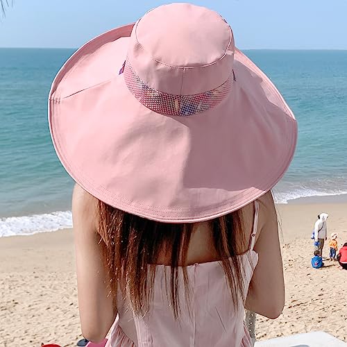 6" Extra Wide Brim Sun Hats UPF 50+ UV Protection Packable Beach Hat Strap Women - color: Pink
