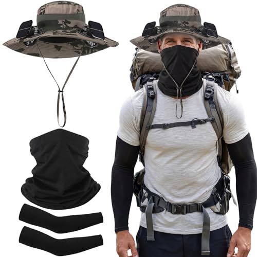 Syhood Solar Powered Fan Hat Neck Gaiter Arm Sleeves Sun Bucket Hat with Fan Cooling Wide Brim Hats for Fishing Hiking - color: Khaki Ink Painting, style: Breathable