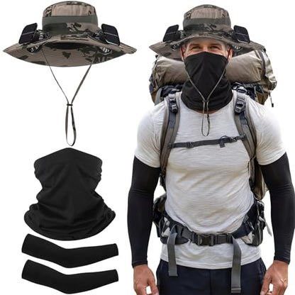 Syhood Solar Powered Fan Hat Neck Gaiter Arm Sleeves Sun Bucket Hat with Fan Cooling Wide Brim Hats for Fishing Hiking - color: Khaki Ink Painting, style: Breathable