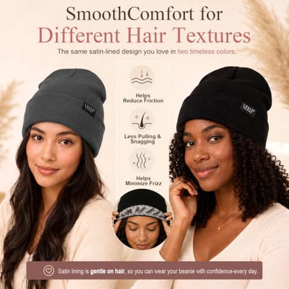 2 Pack Satin Lined Beanies for Men and Women Warm Cuffed Winter Hats - color: Black+dark Grey
