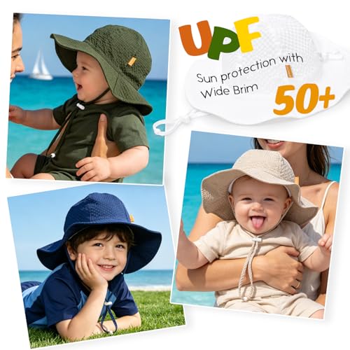 Baby Sun Hat Toddler Boy Girl Adjustable Outdoor Beach Hat Kids Wide Brim - color: Khaki & Gray & Navy -3pcs, size: 6-24 Months