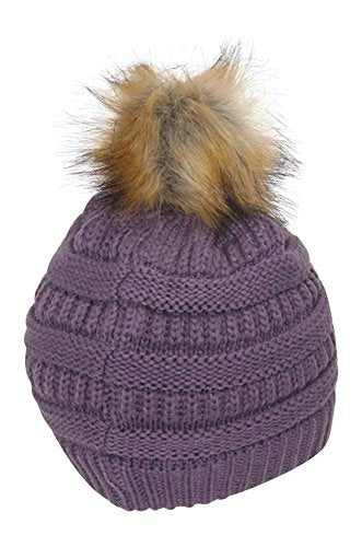 Gravity Threads Cable Knit Faux Fur Pom Pom Beanie Hat - color: Violet