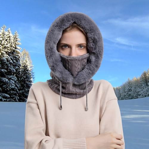 HUAMULAN Women Cable Knit Balaclavas Winter Fleece Lined Beanie Hat - color: Grey