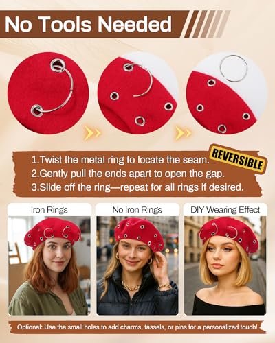 AWAYTR Punk Beret Hat for Women - 90% Wool Blend Goth Alt French Cap - color: Red
