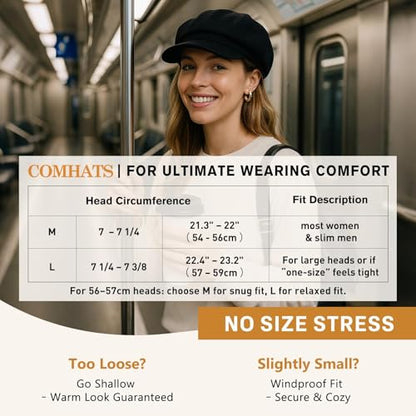 Comhats Women's Wool Winter Warm Newsboy Hats, Fashion Pageboy Beret Cap - color: Black – Elastic Back, Fleece Lined, size: Large