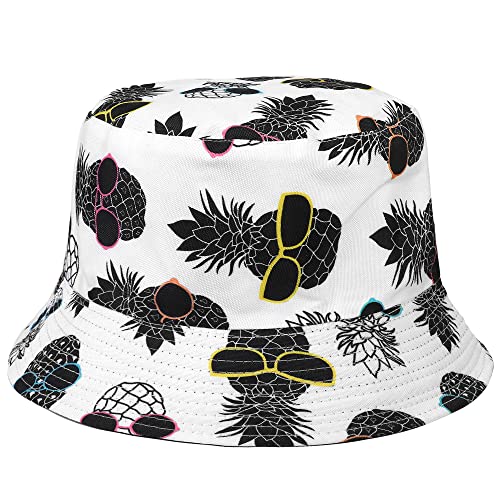 Falari Reversible Bucket Hat for Men Women Summer Travel Beach Outdoor Fishing Hat 100% Cotton - color: J903-white-pineapple