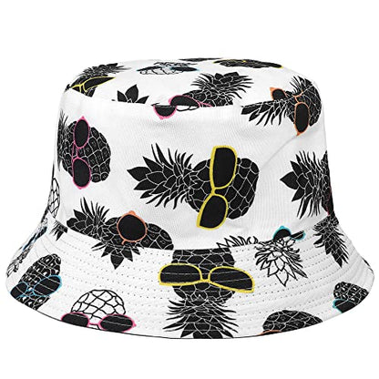 Falari Reversible Bucket Hat for Men Women Summer Travel Beach Outdoor Fishing Hat 100% Cotton - color: J903-white-pineapple