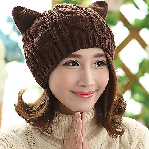 Women Winter Wool Baggy Beret Beanie Cute Devil Cat Ear Crochet Braided Knit Hat Ski Cap - color: Coffee