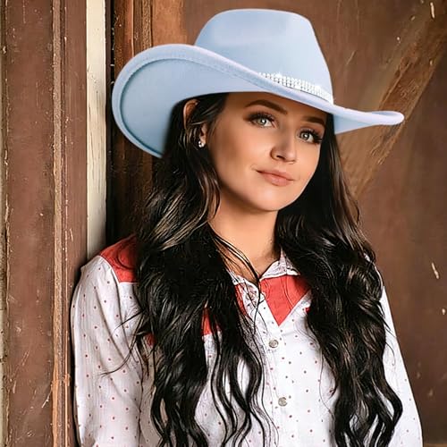 Western Cowboy Hats for Women Classic Felt Wide Brim Fedora Hat with Belt Buckle Retro Panama Hat Unisex Rolled up Cap - color: 1 Pack : Light Blue With 3 Rhinestones Bands