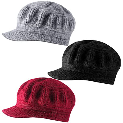 Mepase 3 Pieces Women Warm Hat for Winter Slouchy Beanie Cap with Visor Knitted Newsboy Hats for Women Ski Snow - color: Red, Black, Gray