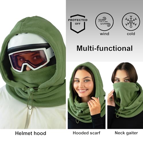 Fleece Balaclava Over Helmet - Warm Helmet Ninja Hood - Snowboard Hooded Hat Neck Gaiter Ski Mask - color: Pinegreen, size: One Size