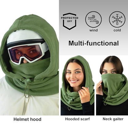 Fleece Balaclava Over Helmet - Warm Helmet Ninja Hood - Snowboard Hooded Hat Neck Gaiter Ski Mask - color: Pinegreen, size: One Size
