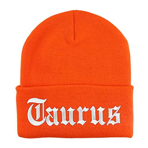Trendy Apparel Shop Taurus Old English Embroidered Long Cuff Beanie - color: Neon Orange