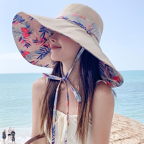 6" Extra Wide Brim Sun Hats UPF 50+ UV Protection Packable Beach Hat Strap Women - color: Khaki