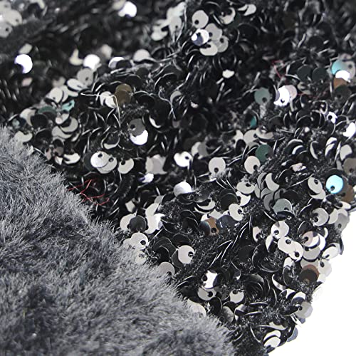 Women Sparkly Sequins Knitted Beanie Hat Warm Winter Skull Cap with Faux Fur Pom Pom - color: Black