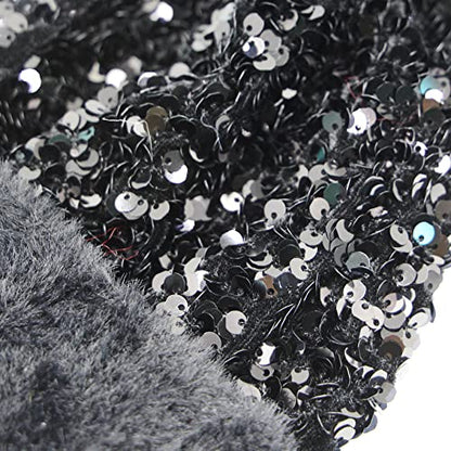 Women Sparkly Sequins Knitted Beanie Hat Warm Winter Skull Cap with Faux Fur Pom Pom - color: Black