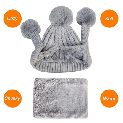 HUAMULAN Women Winter Knit Beanie Hat Circle Scarf Set Pompoms Ear Flaps - color: Gray Solid