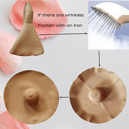 Oversized Beach Hat Women, Extra Wide Brim Foldable Straw Floppy Sun Hat - color: Khaki