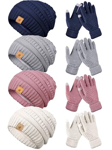 JaGely 8 Pieces Women Winter Hats and Gloves Set Women Warm Touchscreen Knitted Lined Gloves Winter Beanies - color: Grey, Soft White, Skin Pink, Dark Blue