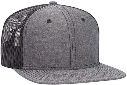 Ashen Fane 6 Panel Mid Profile Mesh Back Structured Trucker Adjustable Snapback Hat - color: Chambray Black
