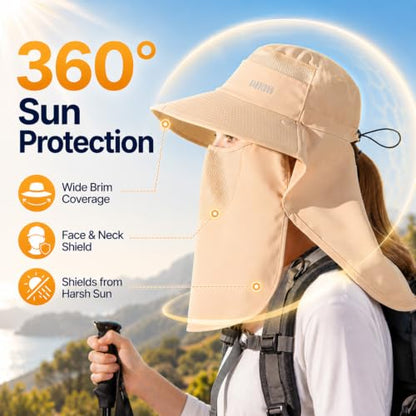 HUAMULAN Women Wide Brim Sun Hat Ponytail UV Protection Visor Fishing Cap - color: Khaki