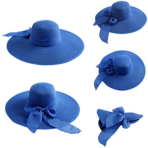 Lanzom Womens 5.7 Inches Big Bowknot Straw Hat Large Floppy Foldable Roll up Beach Cap Sun Hat UPF 50+ - color: Royal Blue