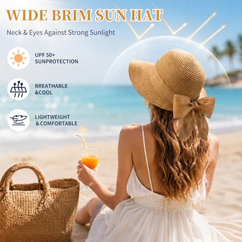 Barelove Sun Straw Hat Wide Brim Shape Hat with UPF 50+, Packable Foldable Floppy Summer Beach Hat for Women Men - color: Khaki With Beige Strap