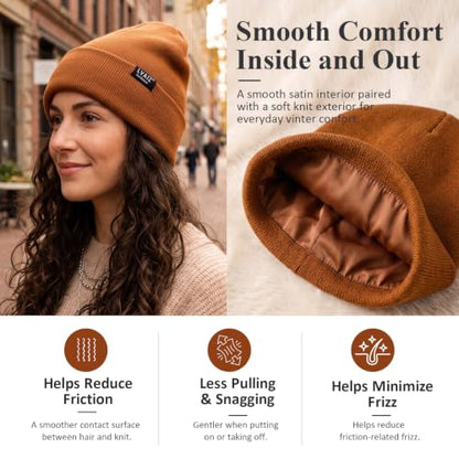 3 Pack Satin Lined Beanies for Men and Women Silk Warm Cuffed Winter Hats - color: Black+brown+dark Grey