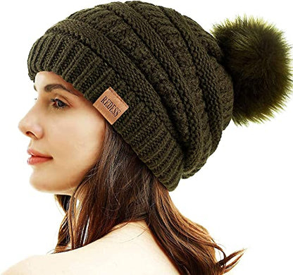 REDESS Women Winter Pom Pom Beanie Hat with Warm Fleece Lined - color: Dark Green
