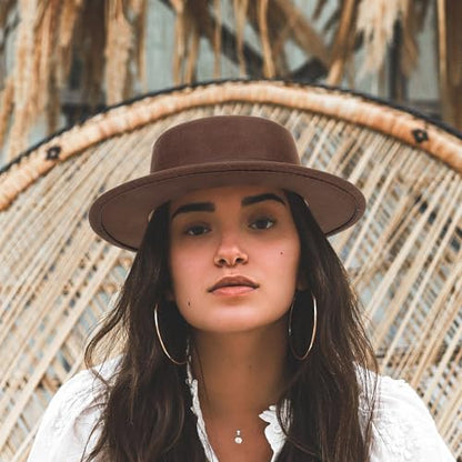 Pork Pie Hat for Men/Women, Wide Brim Felt Boater Fedora Church Derby Cap - color: Coffee