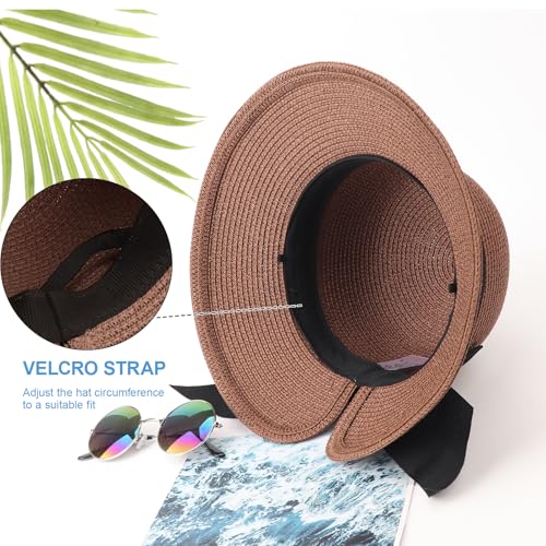 DRESHOW Sun Hats for Women Travel Fedora Foldable Beach Sun Hat Summer Wide Brim Straw Bucket Hat with Bowknot UPF 50+ - color: 1 Pack Bowknot Straw Hat: Brown