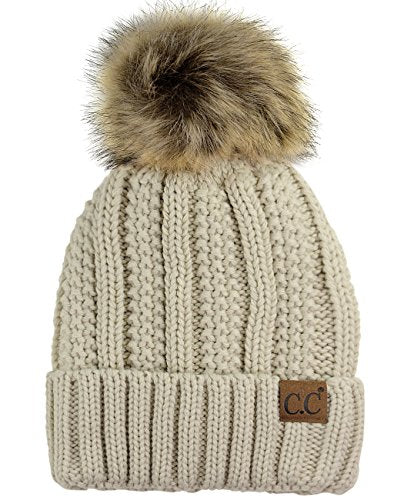 C.C Thick Cable Knit Faux Fuzzy Fur Pom Fleece Lined Skull Cap Cuff Beanie - color: Beige